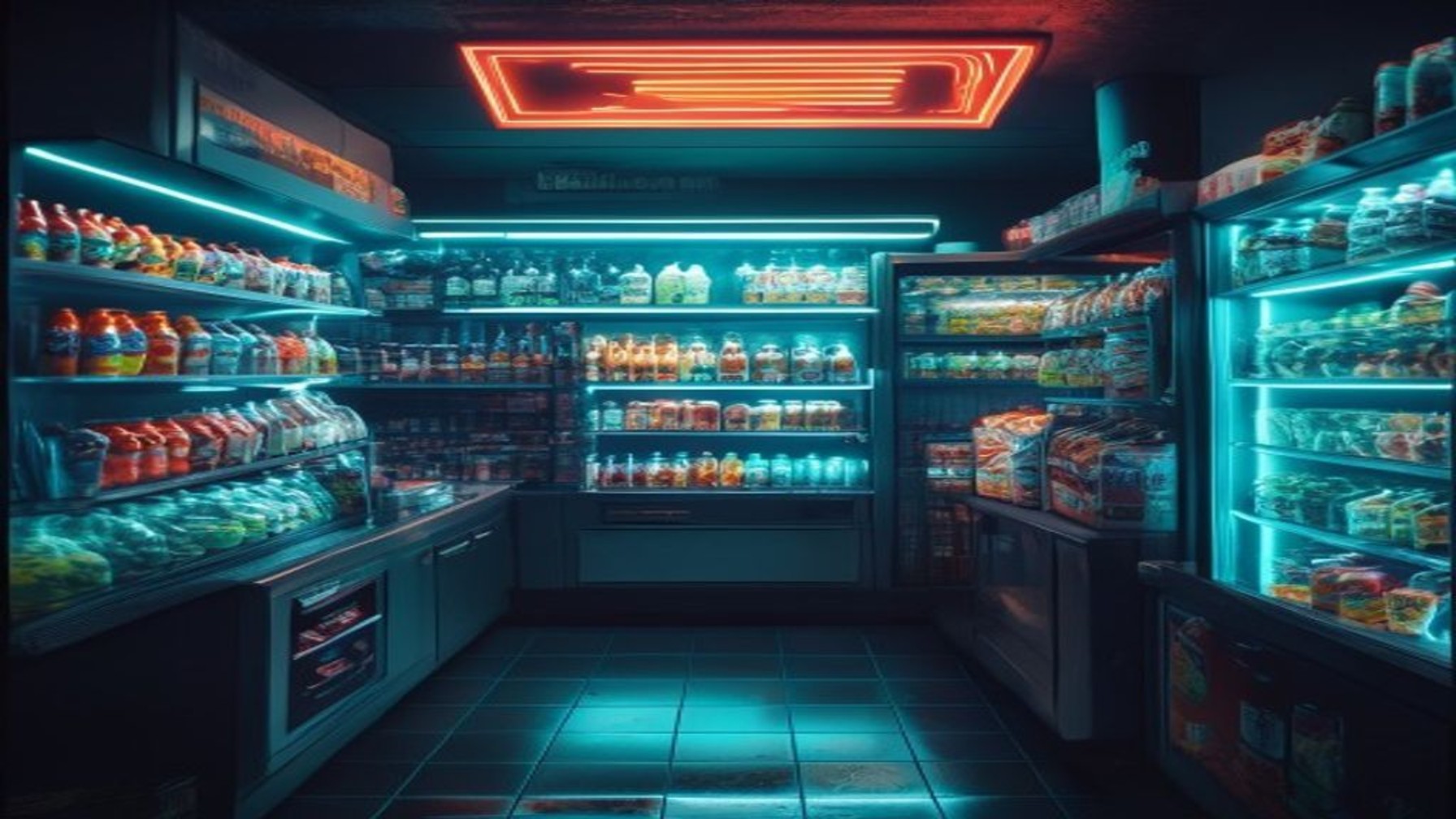 Intérieur d'un commerce de proximité la nuit, frigos remplis de boissons colorées sous une lumière néon